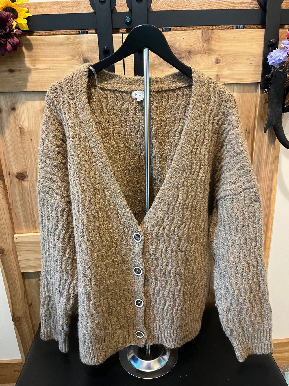 POL Taupe Textured V‑Neck Cardigan with Front Buttons - Picture 1 of 10